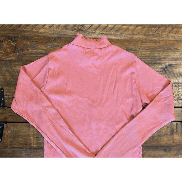 Sundance Ribbed Mock Neck Long Sleeve Top Size Large Ruffle Hem Stretch Coral - Picture 6 of 7